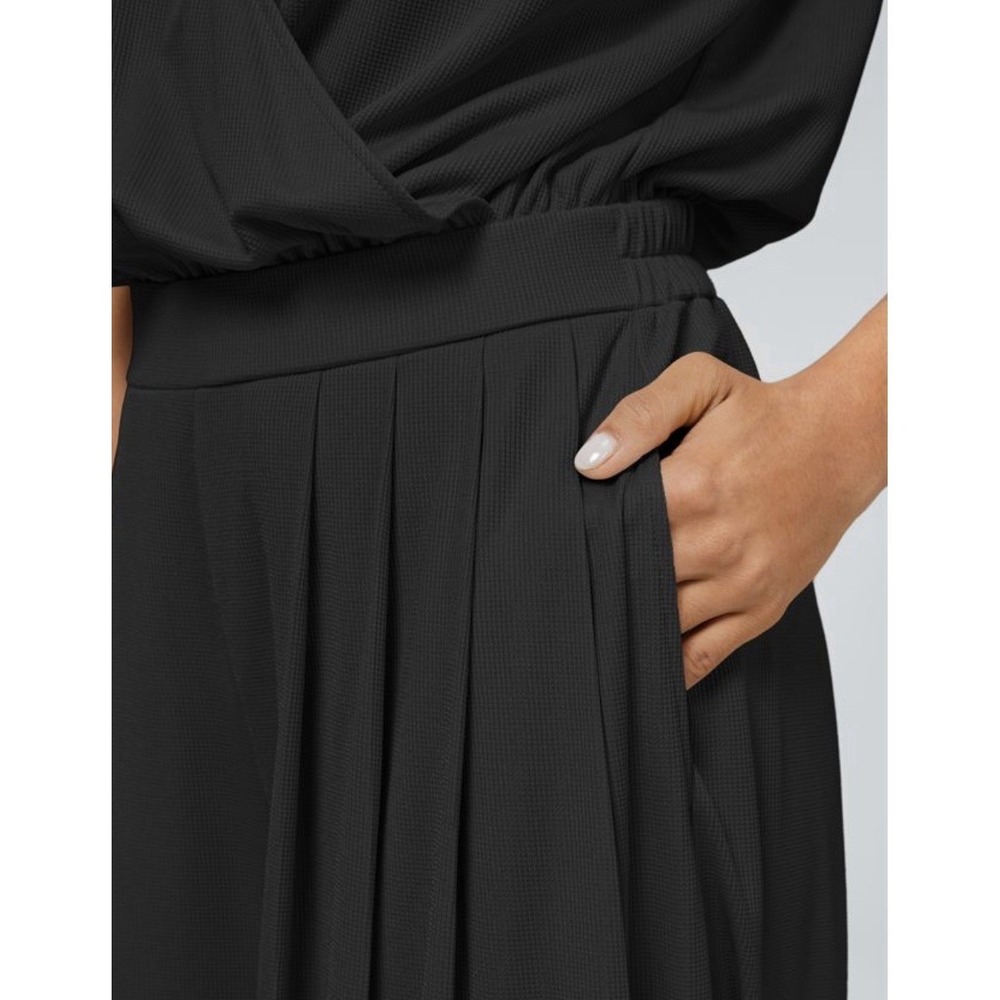Halara Black Wide Leg Jumpsuit Faux Wrap V-Neck Pleated Short Sleeve Pocket XL - Picture 4 of 9